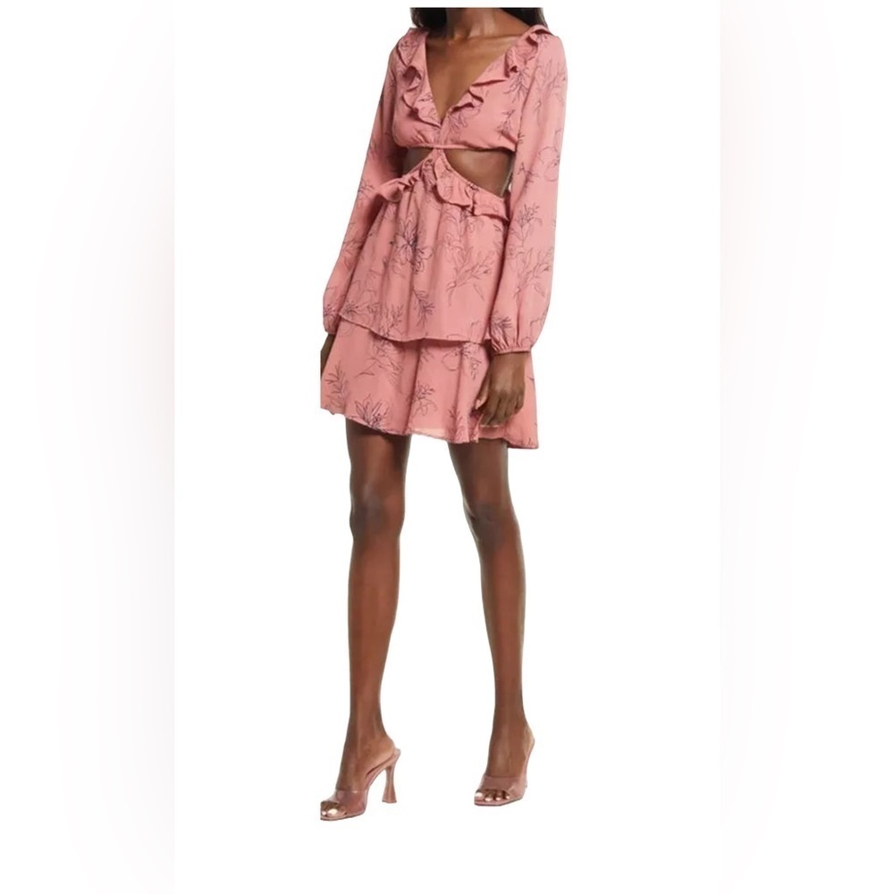 open edit floral pink cutout tiered ruffle long sleeve short dress